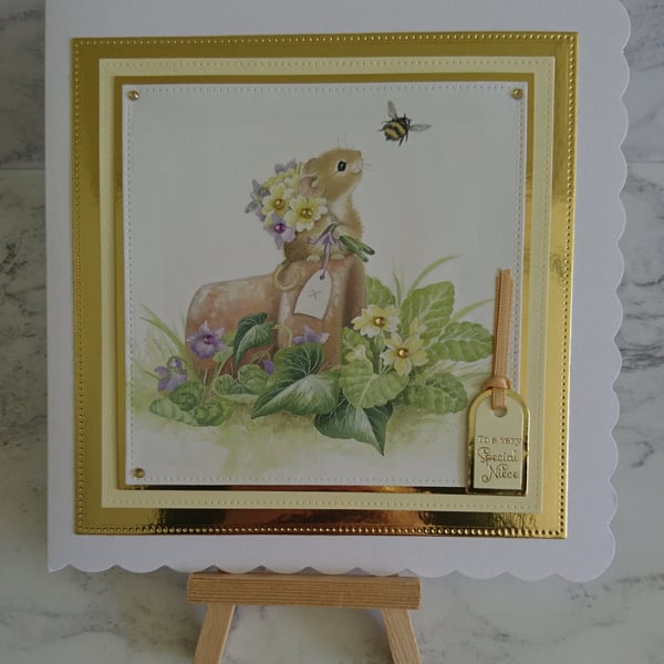 Niece Birthday Card To a Very Special Niece Cute Field Mouse Flowers 3D Luxury