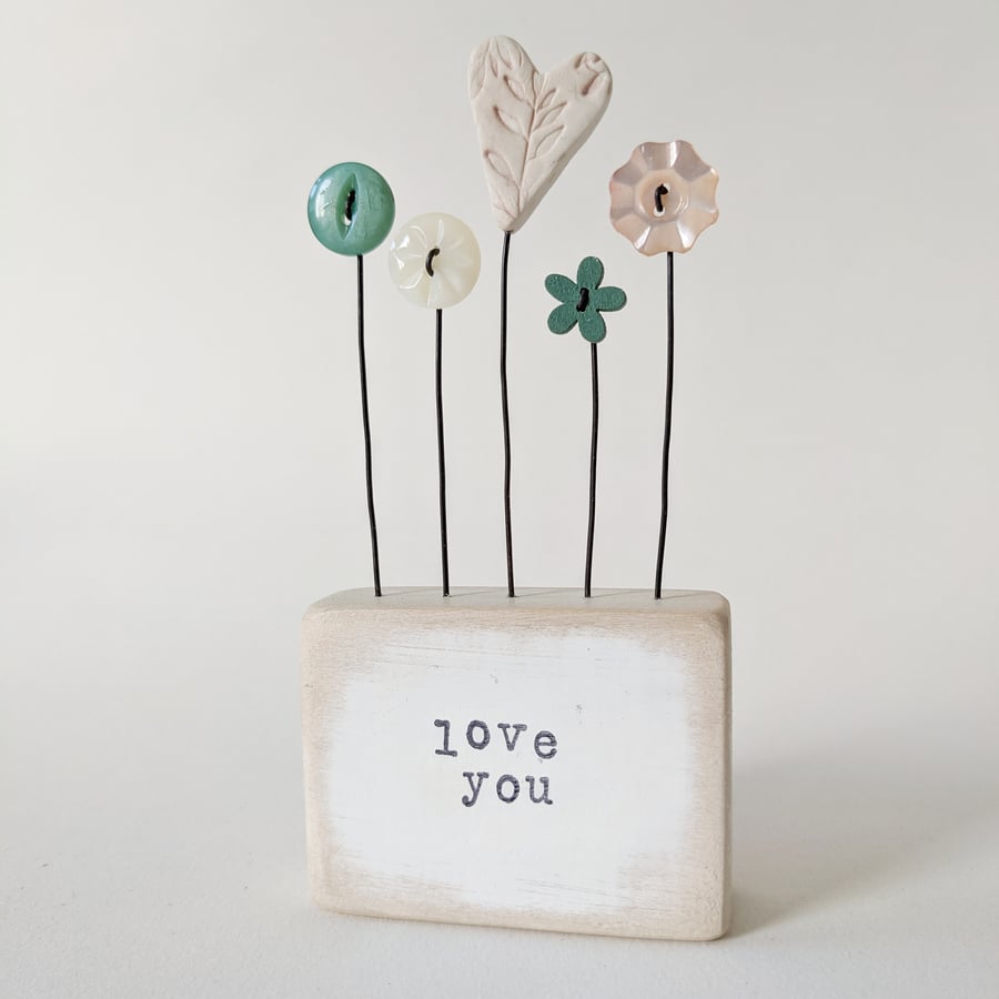 Clay Heart and Button Flowers in a Painted Wood Block 'Love You'
