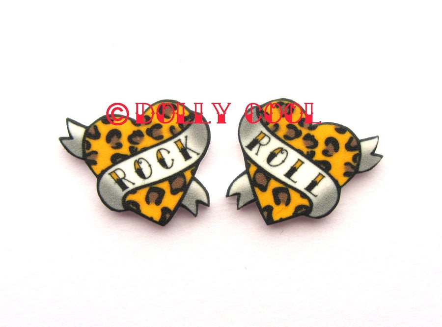 Heart Earrings Rock and Roll Tattoo style in Leopard Print by Dolly Cool Traditi