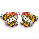 Heart Earrings Rock and Roll Tattoo style in Leopard Print by Dolly Cool Traditi