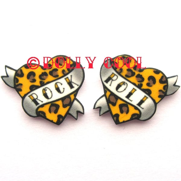 Heart Earrings Rock and Roll Tattoo style in Leopard Print by Dolly Cool Traditi