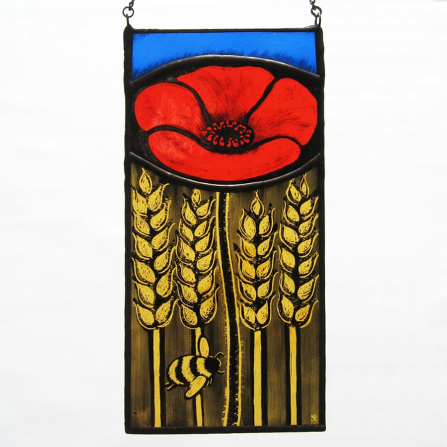 Harvest Poppy & Bumble Bee Stained Glass Panel