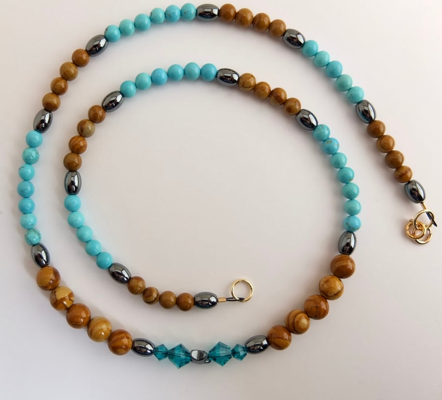 Turquoise Howlite, Wood Lace Agate, and Hematite Necklace - Seconds Sunday