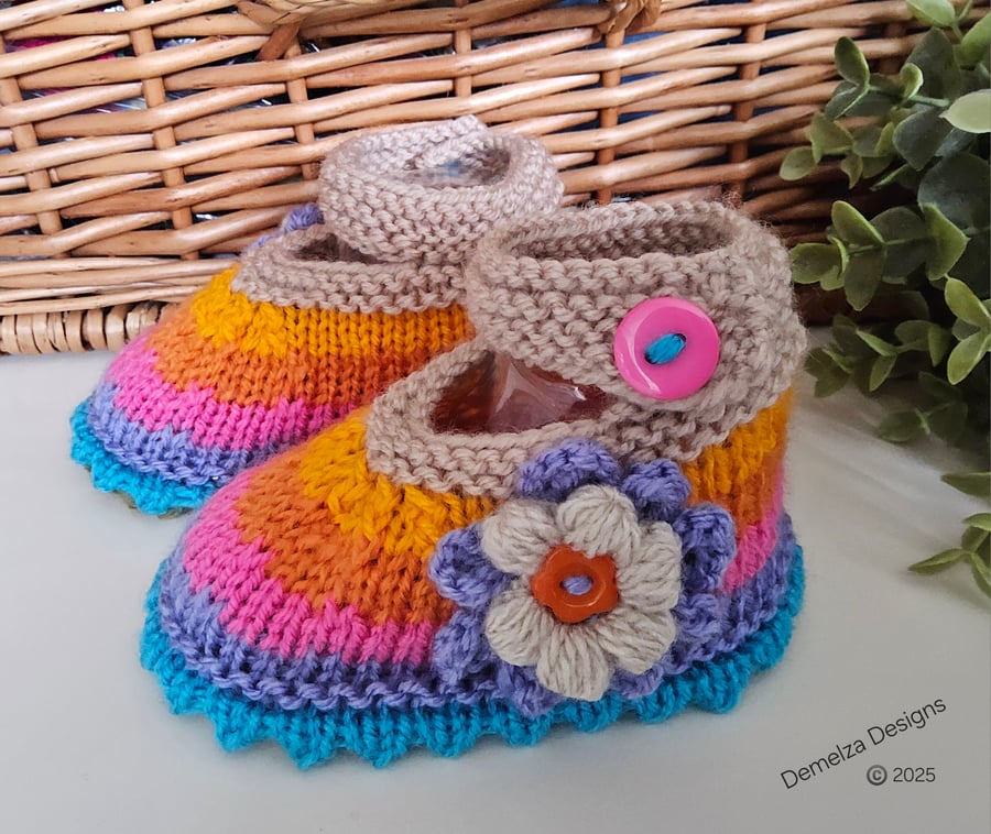 Designer Baby Girl's Multicoloured Flower Hand Knitted Shoes  3-6 months size