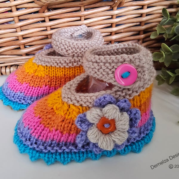 Designer Baby Girl's Multicoloured Flower Hand Knitted Shoes  3-6 months size