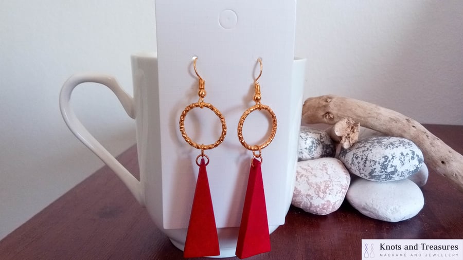 Gold and Red Wooden Triangle Pendant Earrings