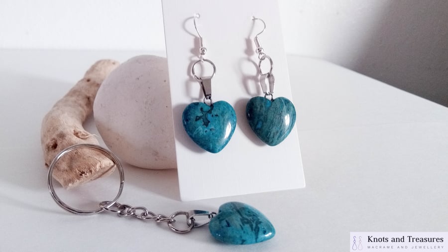 Blue Crazy Lace Agate Heart Earrings and Keyring Gift Set