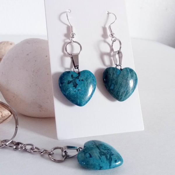Blue Crazy Lace Agate Heart Earrings and Keyring Gift Set