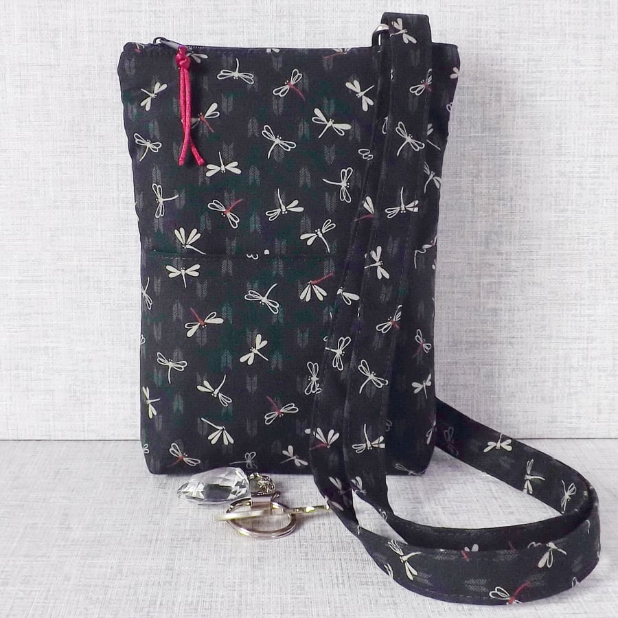 Phone bag, cross body bag, dog walking bag. Dragonflies