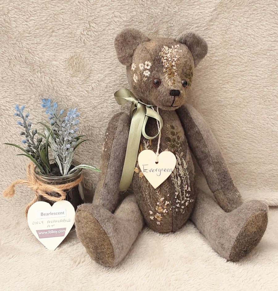 Hand Embroidered Artist Bear, Hand Dyed Alpaca Collectable Bear