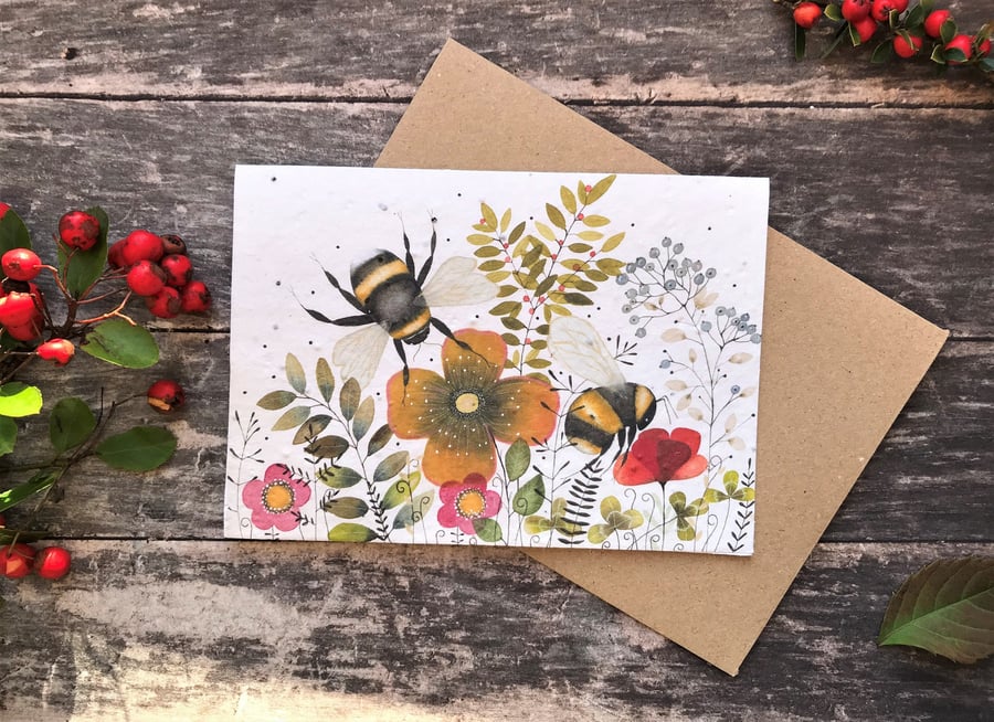 Plantable Seed Paper Birthday Card, Blank Inside, Autumn card, Bee Cards