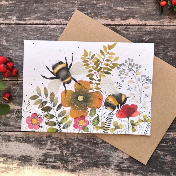 Plantable Seed Paper Birthday Card, Blank Inside, Autumn card, Bee Cards