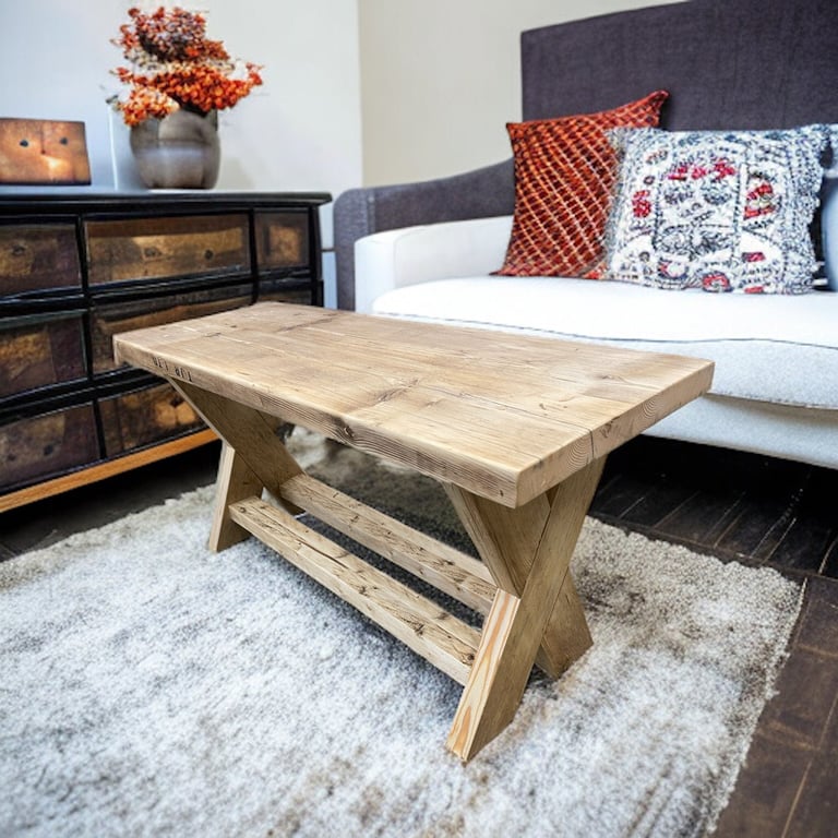 Reclaimed Wood X-Frame Coffee Table Foot Stool Reclaimed Scaffold Boards THE KIE