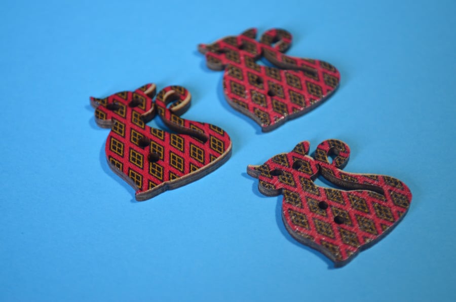 Wooden Cat Buttons Red Brown Diamond 3pk 30x25mm Kitty Pussy Kitten (CT13)