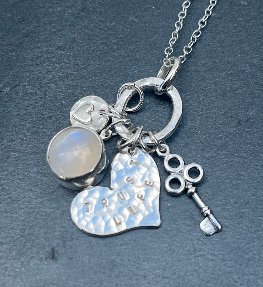 Silver Charm Necklace, Rainbow Moonstone Necklace, silver heart necklace, charms