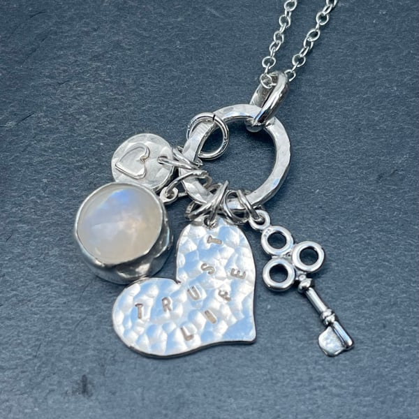 Silver Charm Necklace, Rainbow Moonstone Necklace, silver heart necklace, charms