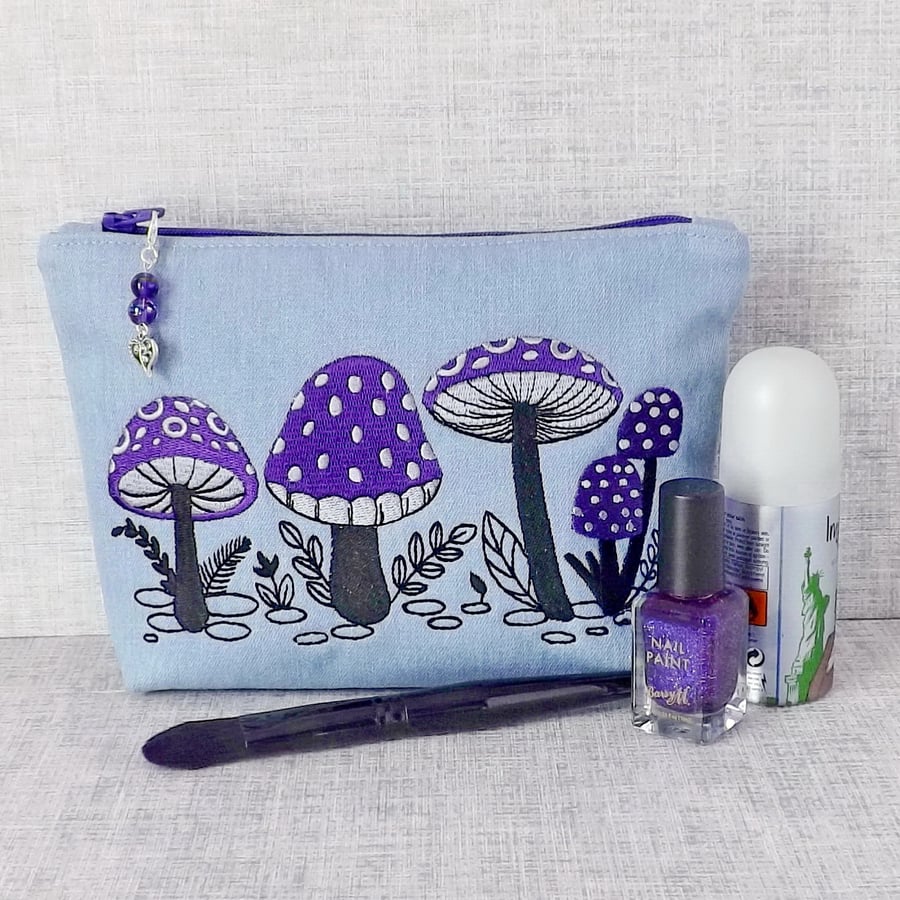 Embroidered zipped pouch, make up bag, toadstools, mushrooms.