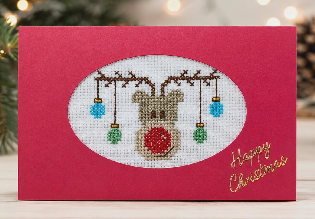 Handmade Cross Stitch Rudolph Reindeer Christmas Card – 6 x 4 Inch
