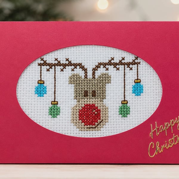 Handmade Cross Stitch Rudolph Reindeer Christmas Card – 6 x 4 Inch