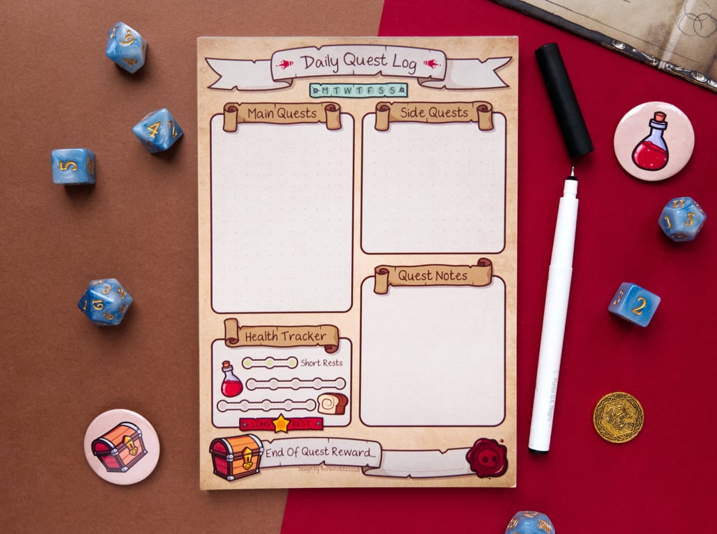A5 Daily Quest Planner Tear Off To-Do list - RPG Adventure DnD Notepad