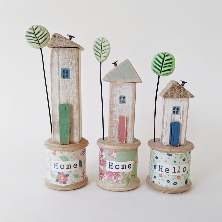 Little Wooden House on a Vintage Bobbin with Clay Tree 'Home' and "Hello'
