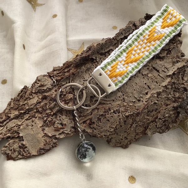 Hand Woven Key Fob with "Moon" planet embellishment Orb 