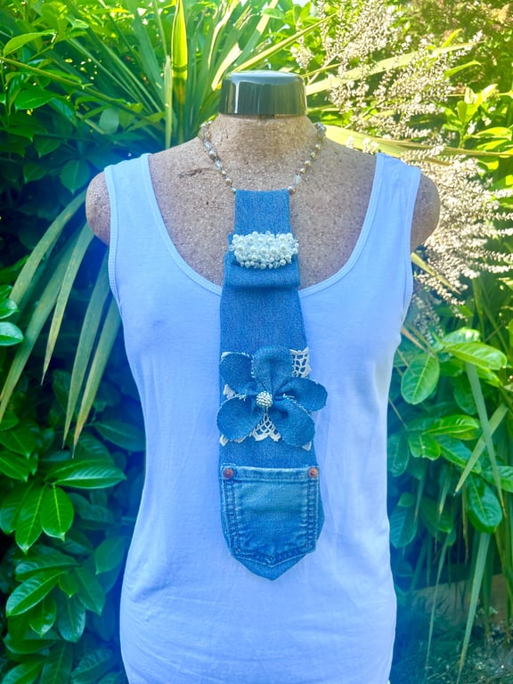 Denim embellished tie - Upcycled - Fashion accessory 