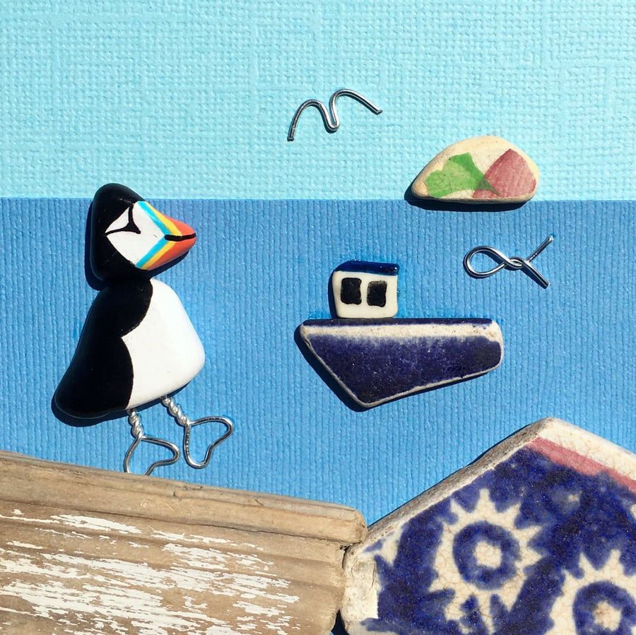Puffin & Fishing Boat Pebble Art Driftwood & Scottish Beach Sea Pottery Picture