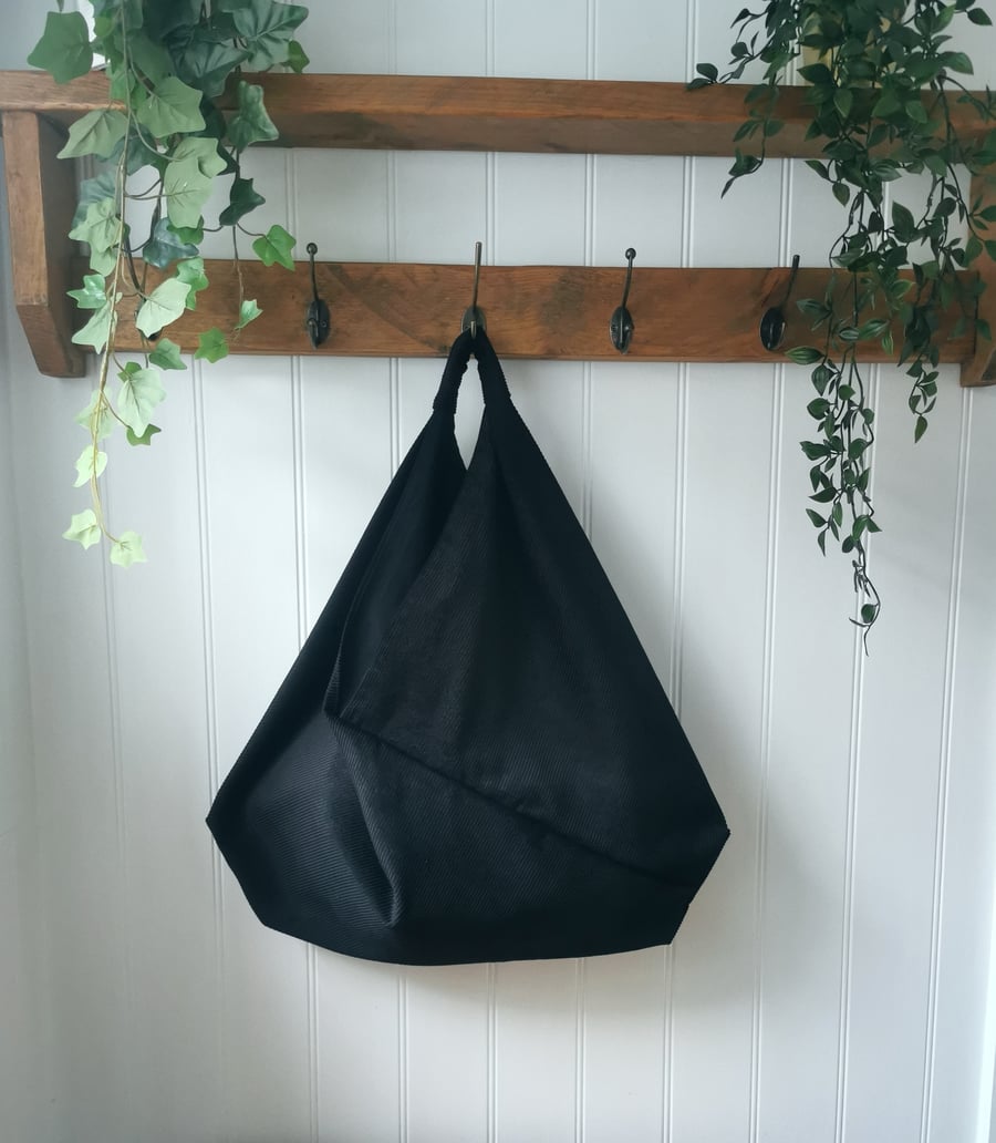 Black Cotton Corduroy Slouchy Origami Bag with Matching Lining