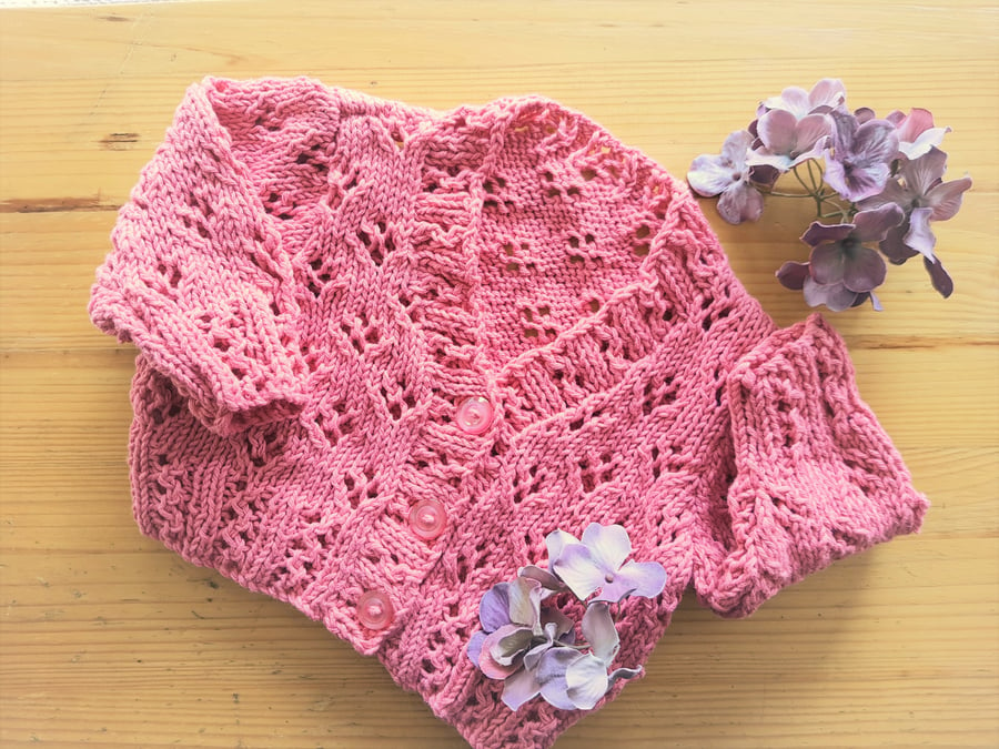 0-3 months Hand Knitted Strawberry Pink Soft Cotton New Baby Cardigan 