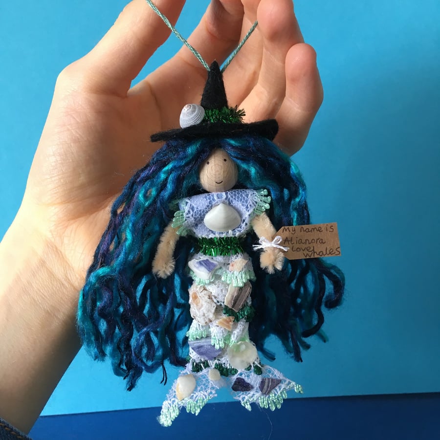 Tiny Sea Witch Mermaid Doll Hanging Decoration, Blue And Green