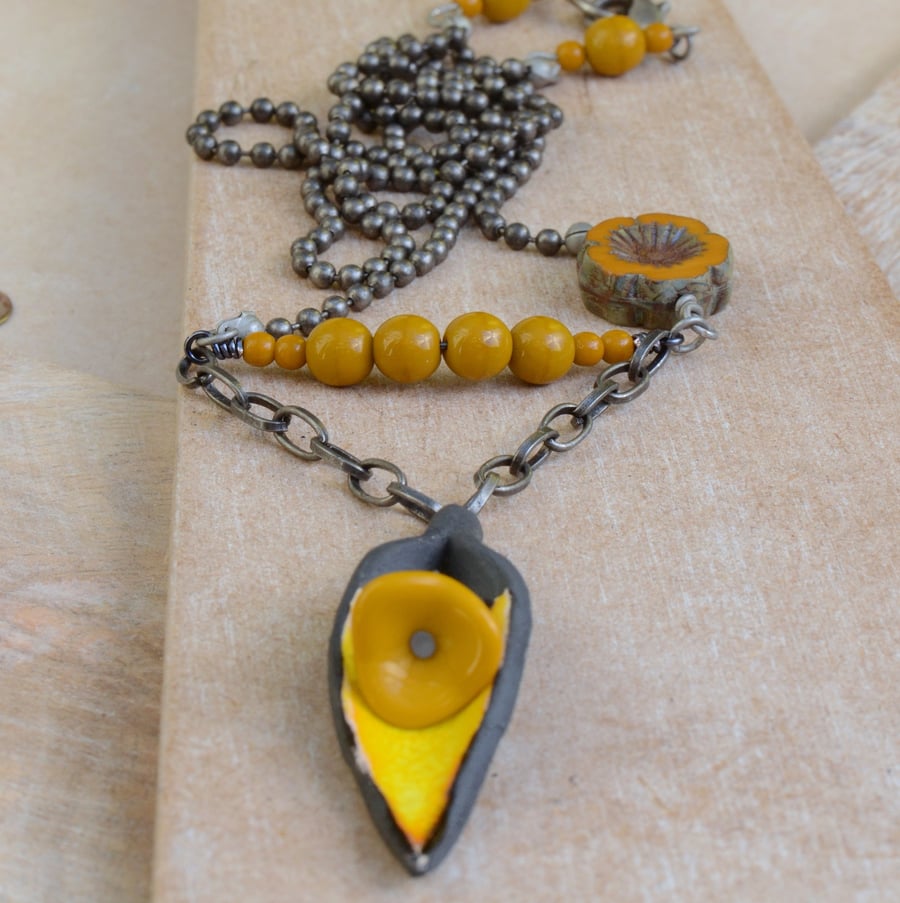 Handmade Ceramic Flower Pendant with Czech Glass and Antique Silver Chain