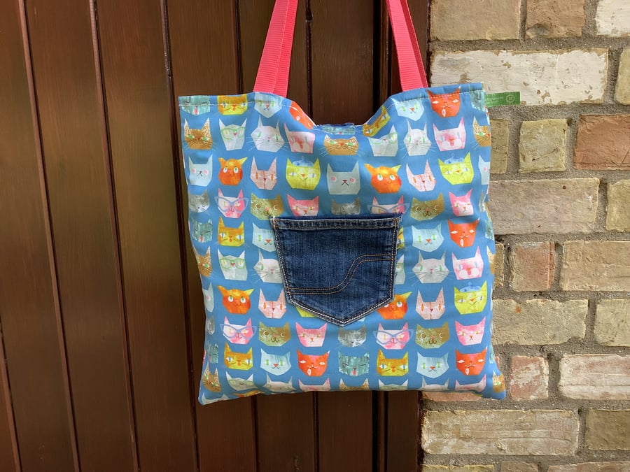 Handmade  print tote.Quirky felines with glasses and hats. Recycled denim