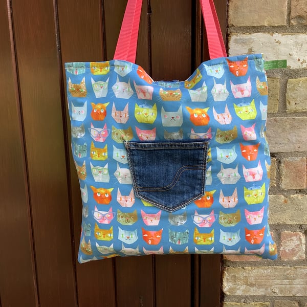 Handmade  print tote.Quirky felines with glasses and hats. Recycled denim