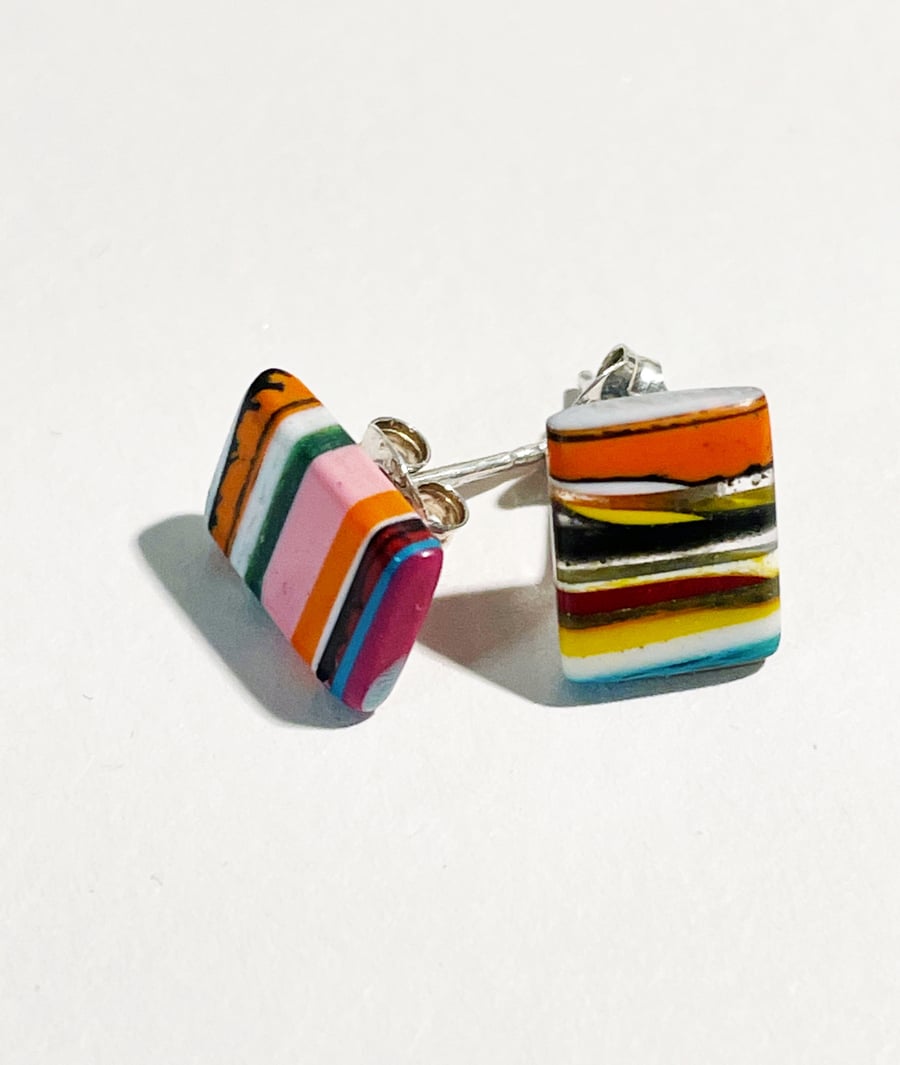 Layered resin stud earrings. Handcarved multicolour.