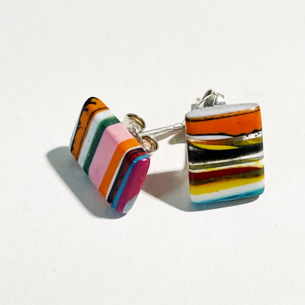 Layered resin stud earrings. Handcarved multicolour.