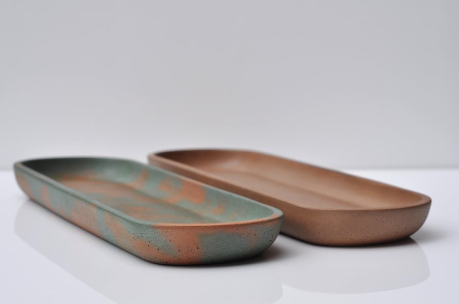 Long Oval Concrete Tray Handmade Green and Orange Colour Tray Modern Decorative 