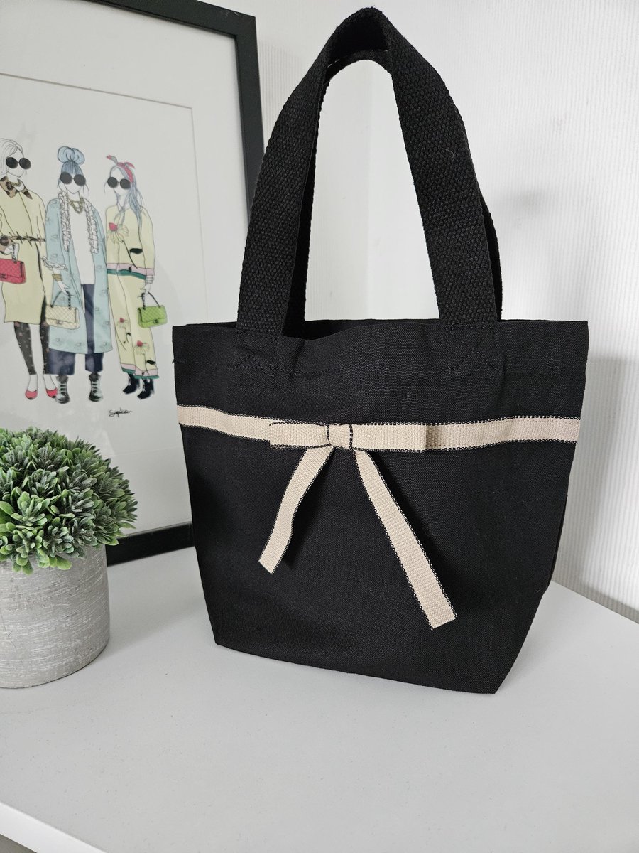 Organic Cotton Mini Tote Bag: Black Hopsack Ribbon Bow