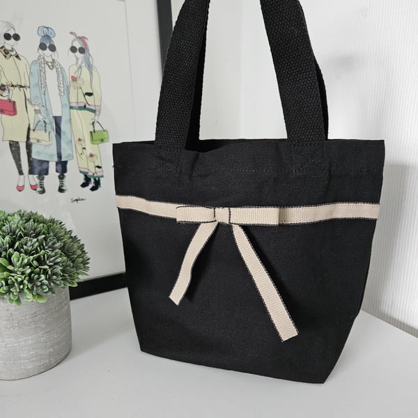 Organic Cotton Mini Tote Bag: Black Hopsack Ribbon Bow