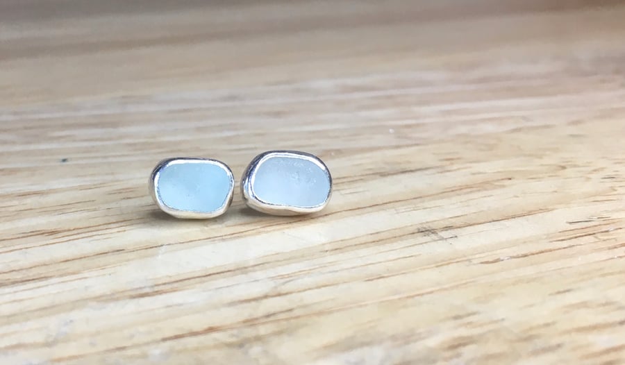 Handmade Sterling & Fine Silver Studs With Pieces of Pale Blue Seaham Sea Glass 