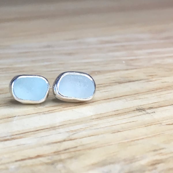 Handmade Sterling & Fine Silver Studs With Pieces of Pale Blue Seaham Sea Glass 