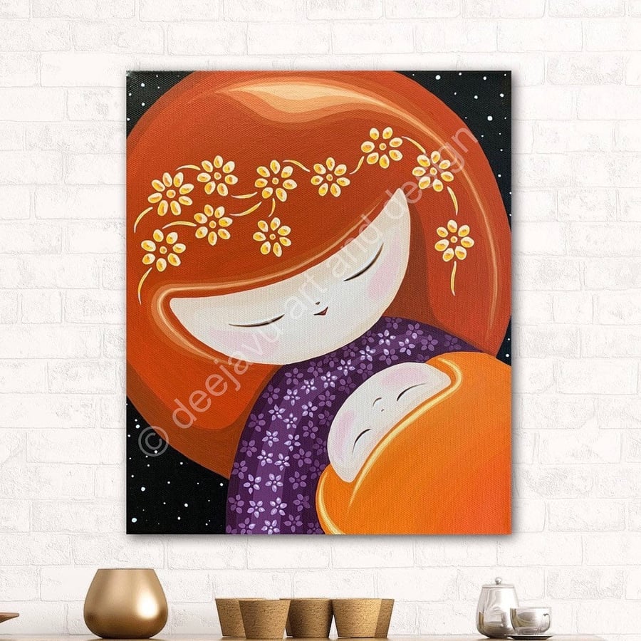 Original Japanese Kokeshi Doll inspired Painting, Mother and Child Wall Art