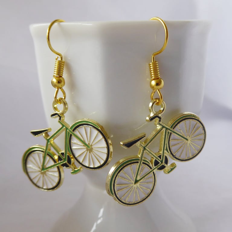  Pair of Novelty Cycle Earrings Green and Gold