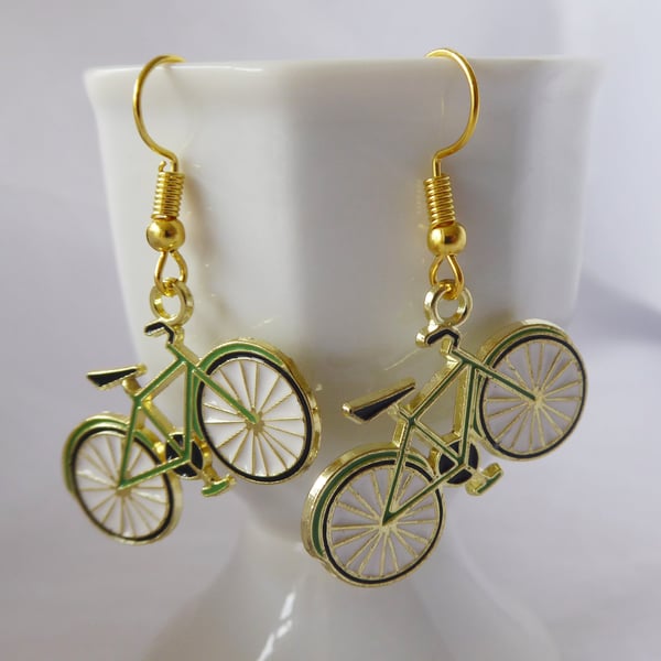  Pair of Novelty Cycle Earrings Green and Gold