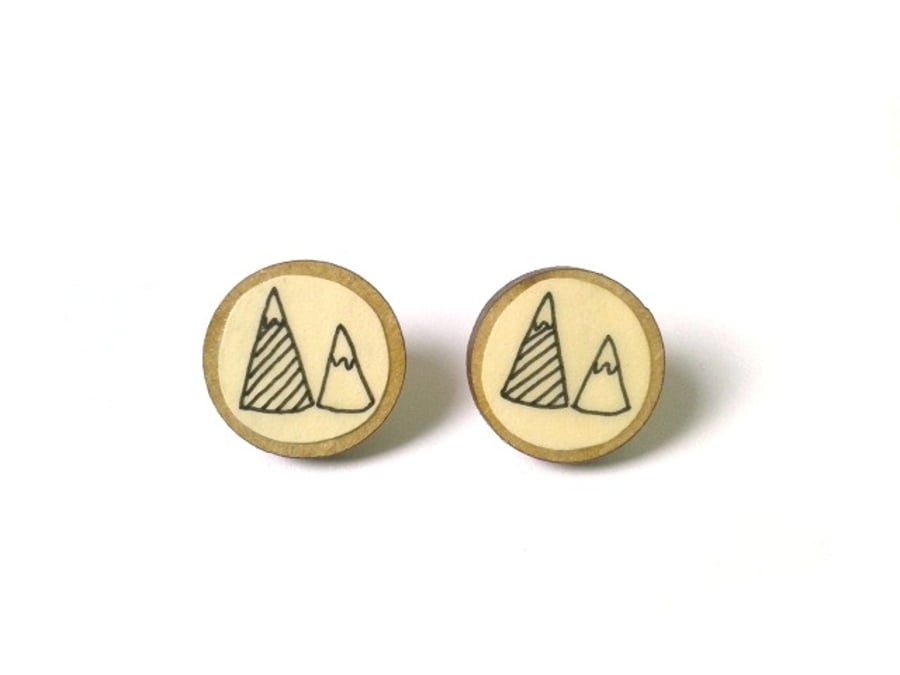 Natural Wooden Circle Mountain Illustrated Earrings