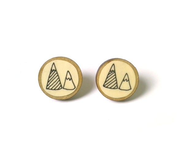 Natural Wooden Circle Mountain Illustrated Earrings