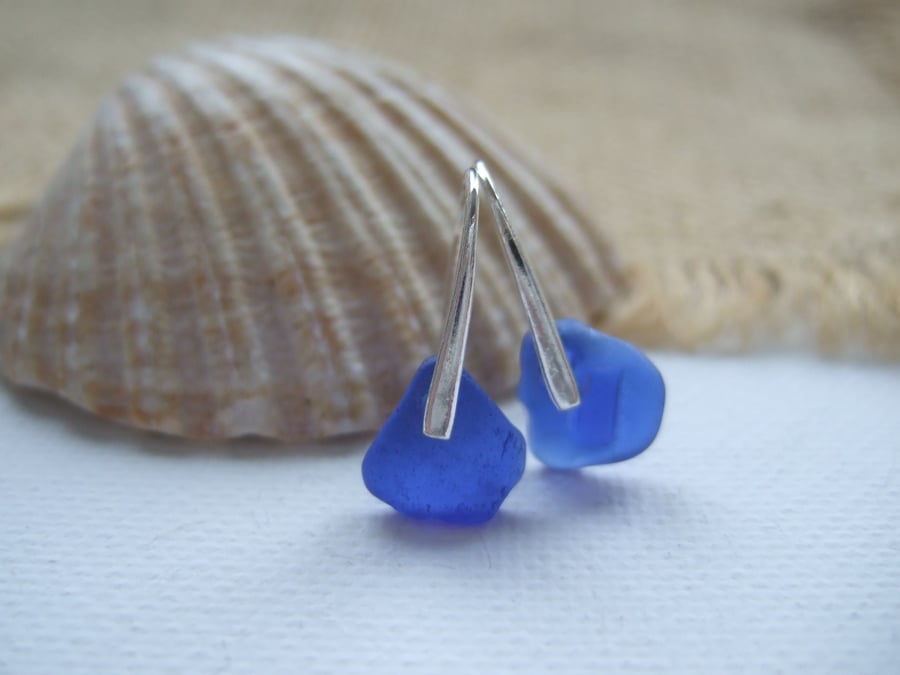 Scottish blue sea glass earrings, sterling silver dark blue sea glass jewelry