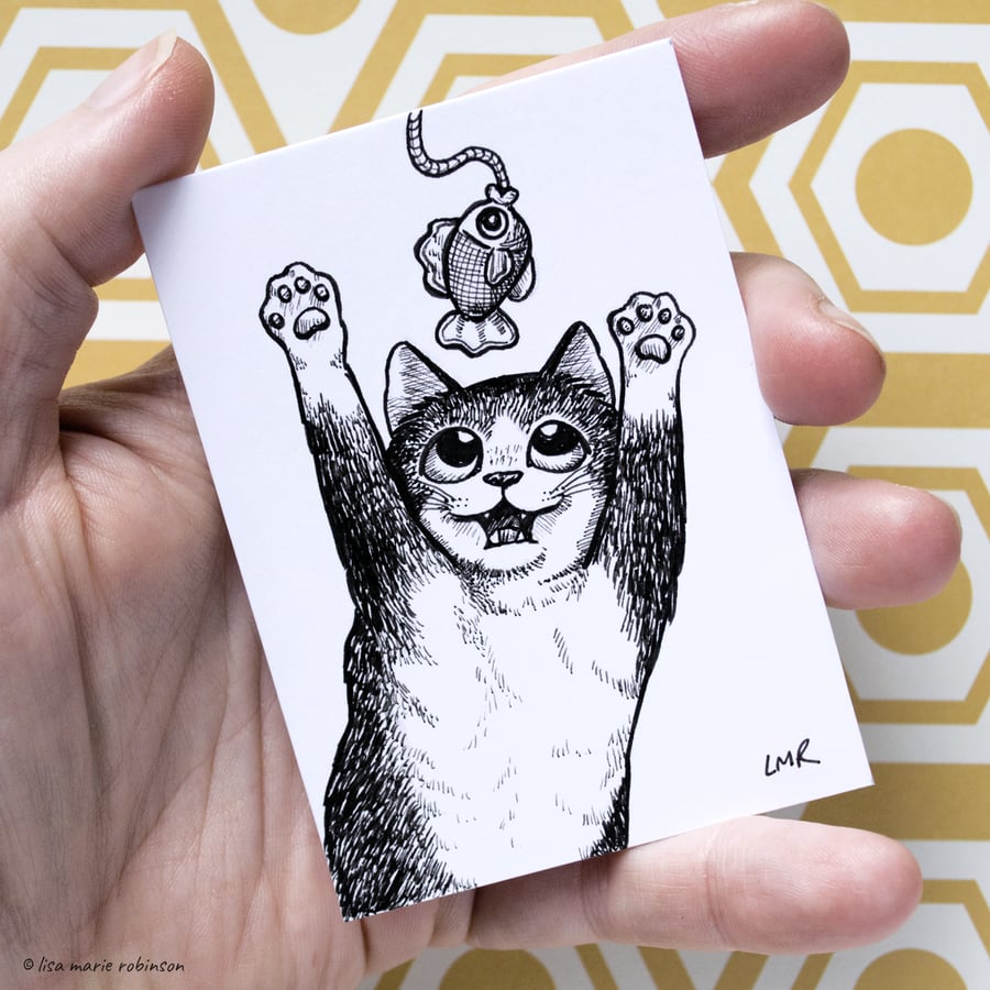Happy Black and White Cat ACEO - Inktober 2019 - Day 30 - Ink Drawing Pen Art