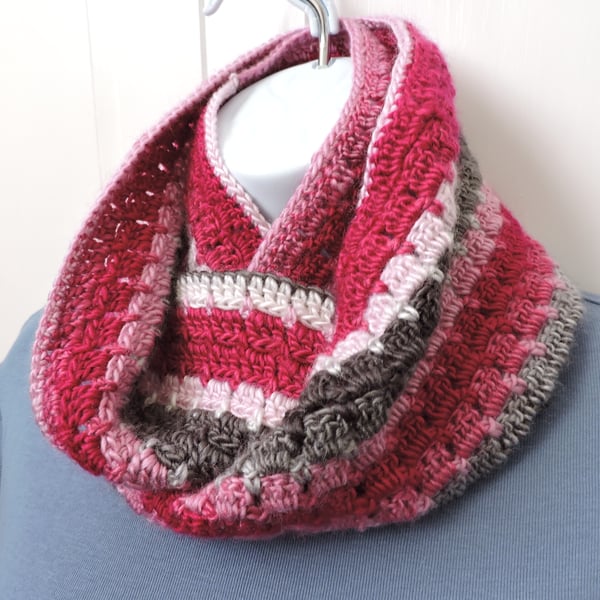 Infinity Scarf  Crochet pale pink, cerise, cream grey