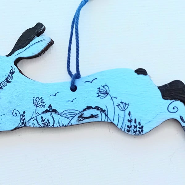 misty blue hare  looking lovely on wood hand painted 